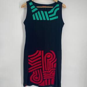 Pygmes‎ Dress Women’s 6 Black With Appliqué Patchwork Tribal Sheath Colorful